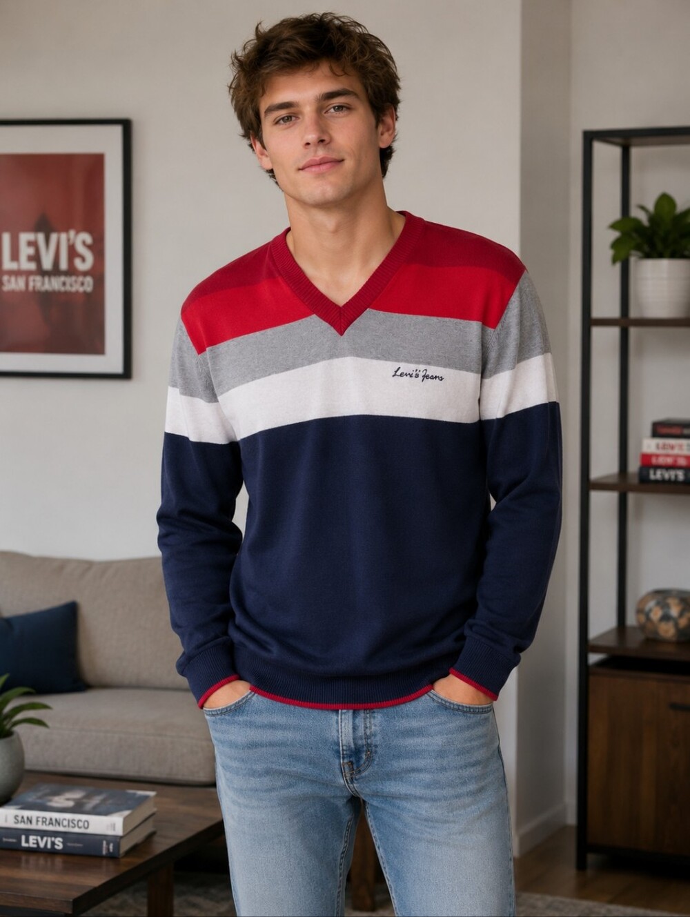 Levi's Men's V-neck Red White and Blue Stripe Sweater. XXL.